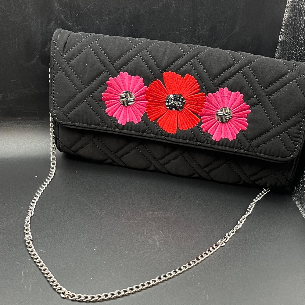Women's Vera Bradley Black Chain Shoulder Bag with Pink & Red Floral Embroidery - Picture 3 of 6